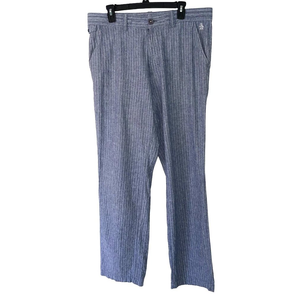 Penguin Munsingwear Striped Pants Mens Size 36 Linen Cotton Blend Zip Front Blue